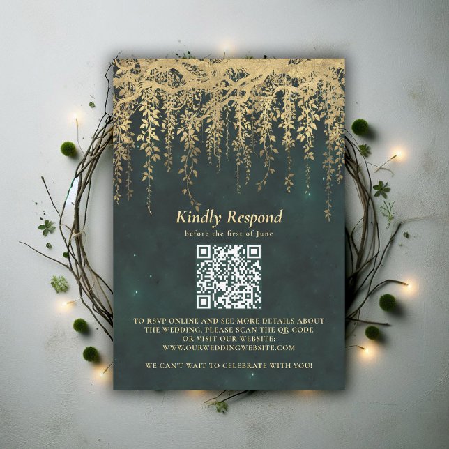 Enchanted Forest Magical Gold Vine Wedding QR RSVP (enchanted forest wedding rsvp qr code hanging greenery vines emerald green gold modern classic)