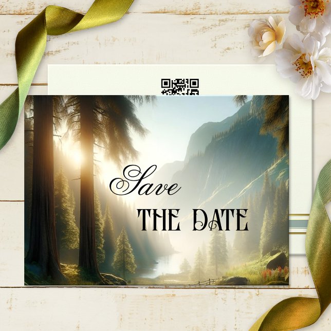 Enchanted Forest Mountain Enregistrer la carte Dat (A dreamy Save the Date card featuring a painting of an enchanted forest in the mountains - with QR)