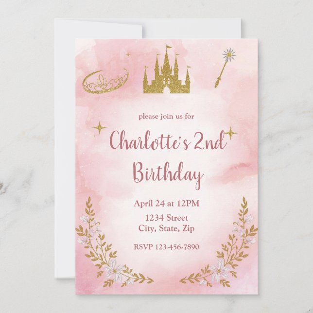 Enchanted Princess Birthday Invitation Pastel Pink (Devant)