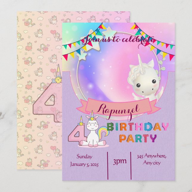 Enchanter Unicorne - Invitation de fête d'annivers (Devant / Derrière)