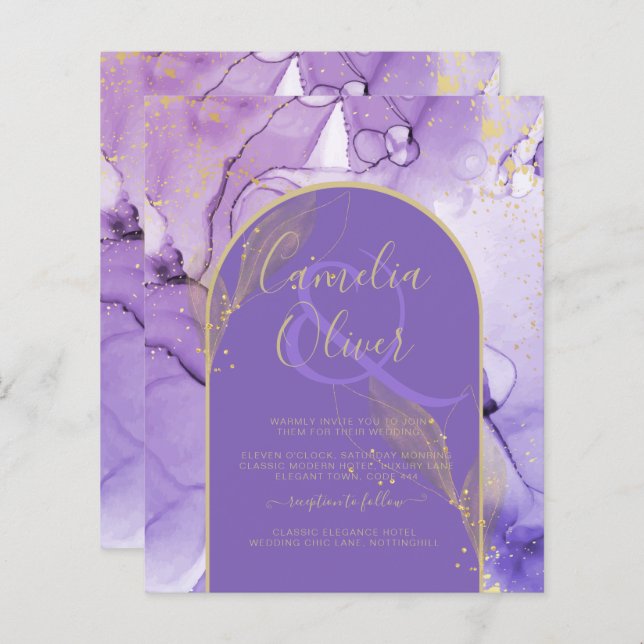 Encre Abstrait PURPLE OR Lavande Mariage INVITE (Devant / Derrière)