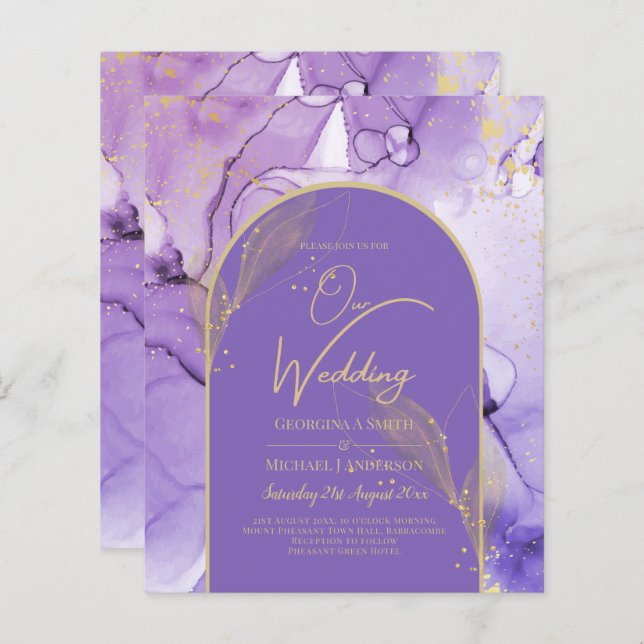 Encre Abstrait PURPLE OR Lavande Mariage INVITE (Devant / Derrière)