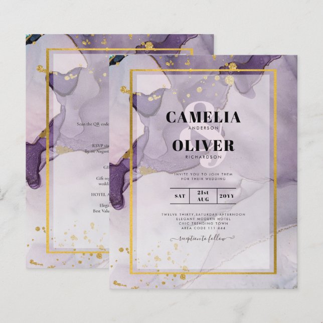 Encre alcoolique abstraite de mariage or violet po (Devant / Derrière)