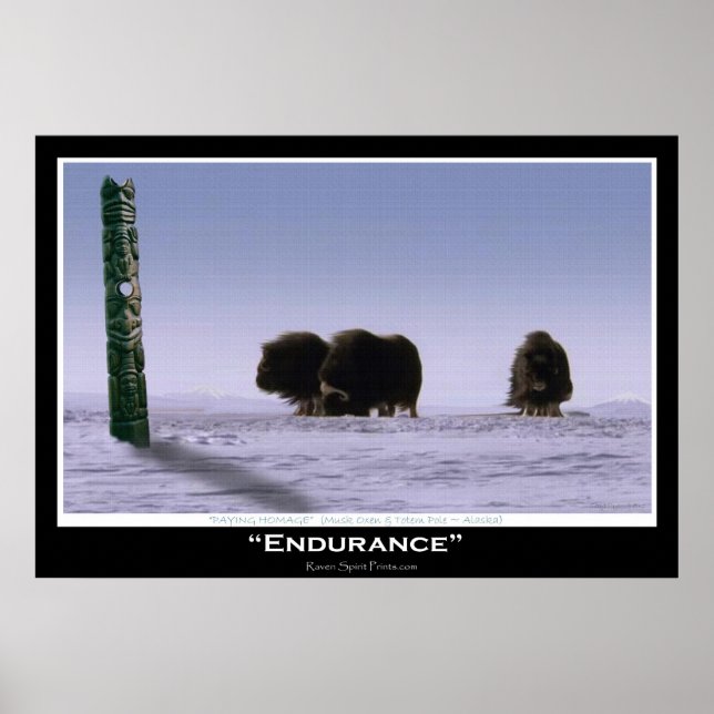 "ENDURANCE" Musk Oxen & Totem Pole Pole Art Poster (Devant)