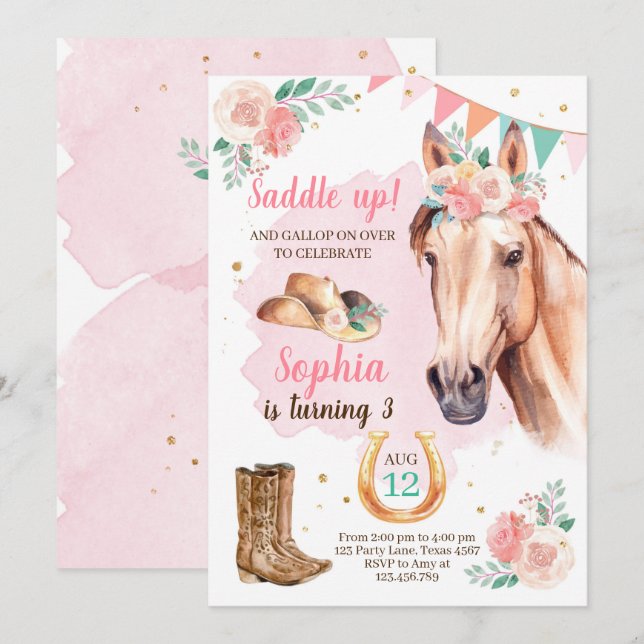 Enfant Invitation fille Cheval Rose Aquarelle (Devant / Derrière)