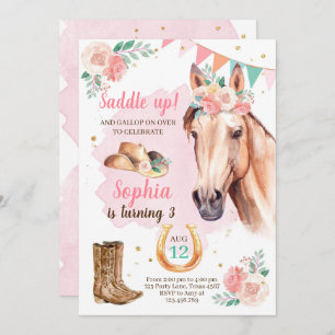 Enfant Invitation fille Cheval Rose Aquarelle