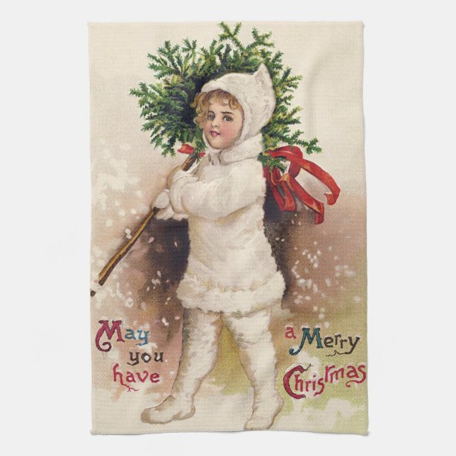 Enfant vintage de Noël et serviette d'arbre (Vertical)