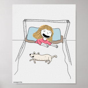 Enfants amusants poster fille et chien dans le lit