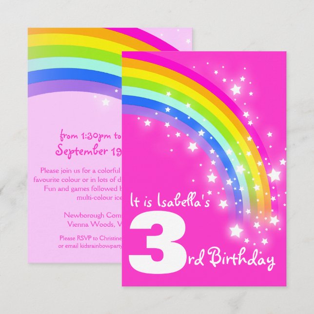 Enfants arc-en-ciel invitation d'anniversaire rose (Devant / Derrière)