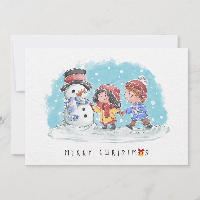 Enfants avec Snowman Joyeuse carte de Noël (Devant)