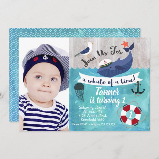 Enfants Baleines photo Aquarelle Invitation d'anni (Devant / Derrière)