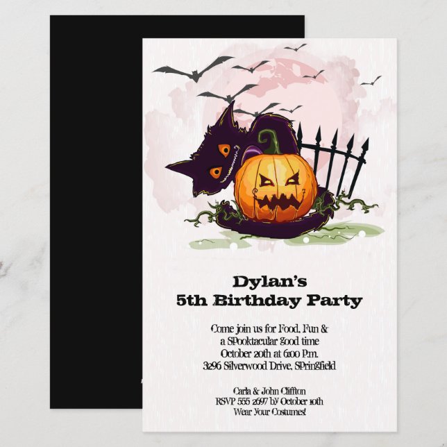 Enfants Chat Noir Halloween Invitations d'annivers (Devant / Derrière)