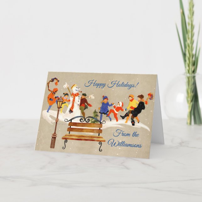 Enfants Jouer dans la neige Nom Art Déco Carte de  (Devant)