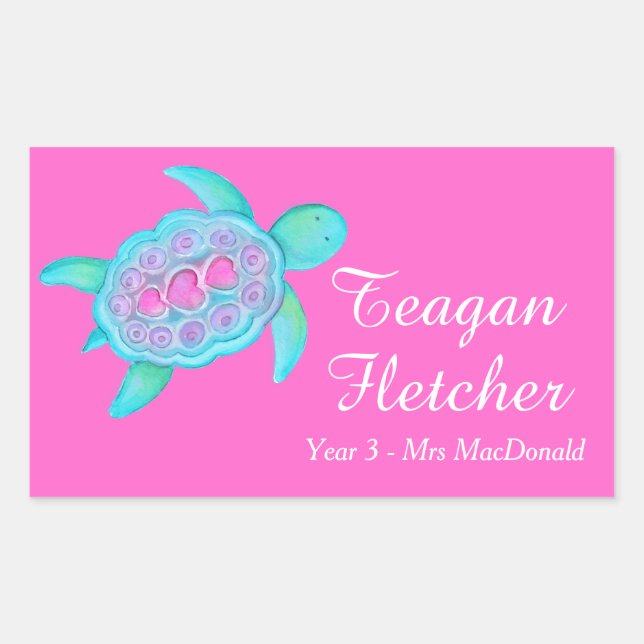 Enfants nommés ID tortue coeurs rose autocollants (Devant)