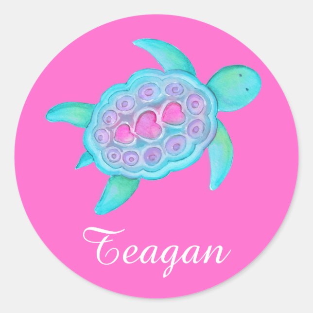Enfants nommés ID tortues coeurs rose autocollants (Devant)