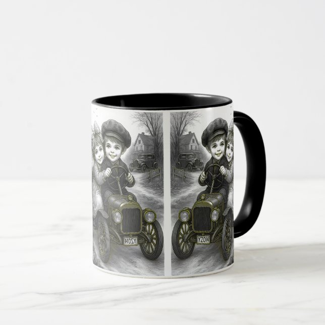 Enfants rétro en voiture – Mug vintage noir. (Devant droit)