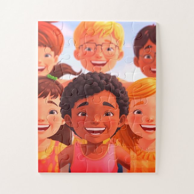 Enfants s'amusant ensemble sur un puzzle de 30 piè (Vertical)