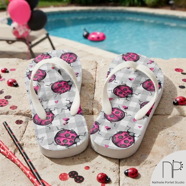 Enfants Tongs Flip Flop Enfant Gingham Ladybug Rose  (Pink ladybug gingham kids flip flops featuring hand-drawn chic noir fine line ink art.)