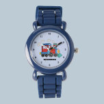 Enfants Train Boys Blue Custom Name<br><div class="desc">Bleu,  train,  transport,  locomotive,  véhicule,  attention aux enfants. Personnalisé,  Enfants,  Nom,  acier bleu garçons montre. Personnalisez-le avec le nom de votre enfant.</div>