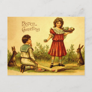 Enfants Victoriens Bunnies Pâques Antique Carte Po