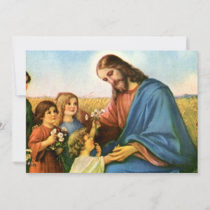 Enfants vintage apportent des fleurs à Jésus-Chris