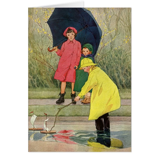 Enfants vintages Jouant Puddles Toy Boats Pluie (Devant)