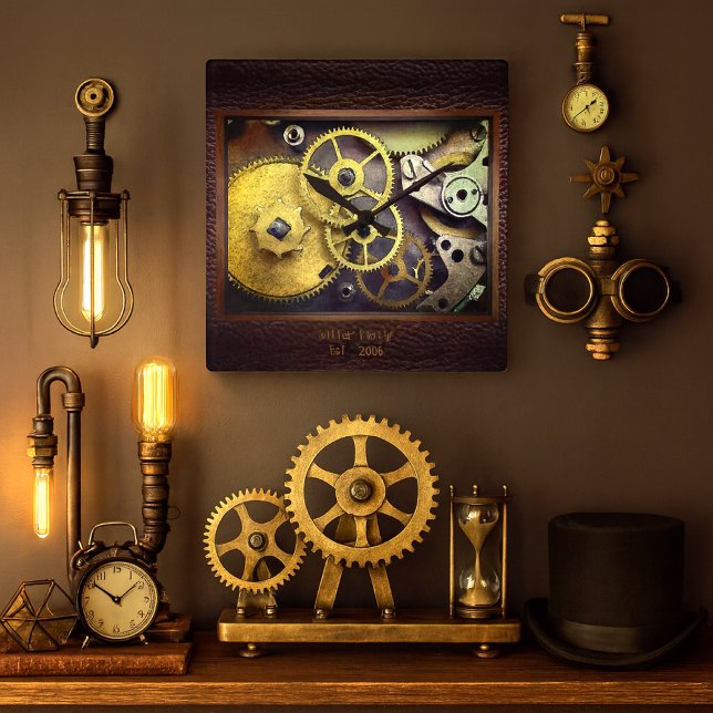 Engrenages Personnalisés avec Horloge Murale en Cu (Steampunk gear wall clock with personalized family name and date industrial  vintage elegance)