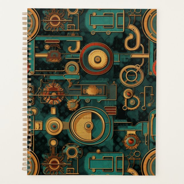 Engrenages Steampunk Bleu Canard Rouge Or (Devant)