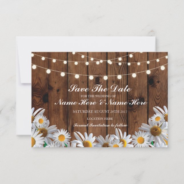 Enregistrer La Carte Date Wood Rustic Daisy Lights (Devant)