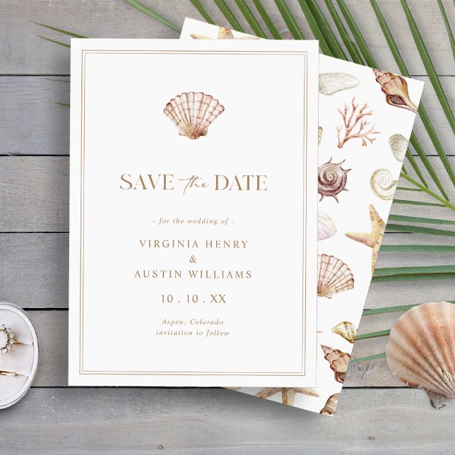 Enregistrer la carte de date à plat (Elegant Seashell Watercolor Beach Flat Save The Date Card by Painted Paperie
)