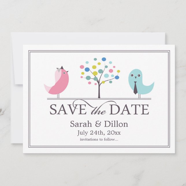 Enregistrer la carte plat Date Bride et Groom Bird (Devant)