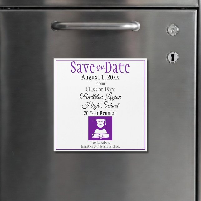 Enregistrer la classe de dates Reunion Purple Blac (custom purple and white class reunion save the date magnet)