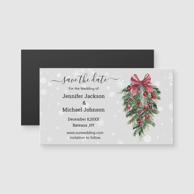 enregistrer la date aimant rouge Noël vintage chic (Devant / Derrière)