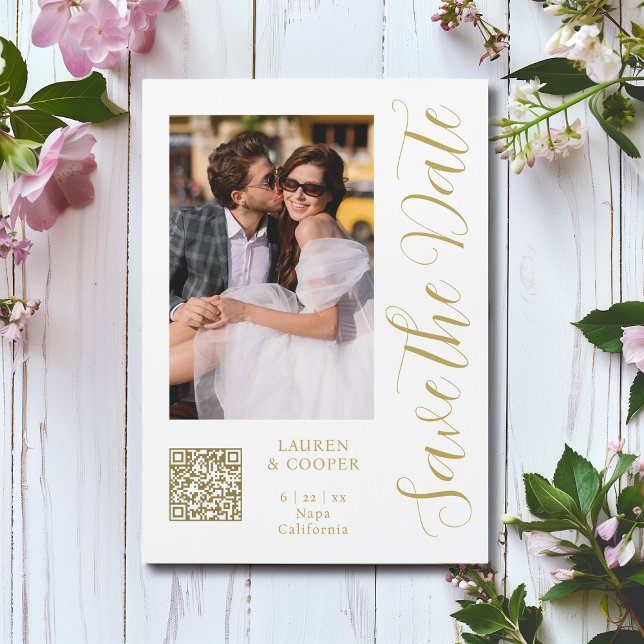 Enregistrer La Date Blanc Or Design Script Moderne (Créateur téléchargé)