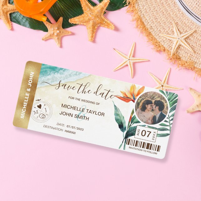 Enregistrer la date Carte du Monde Carte du Passe  (strelitzia and beach watercolor)