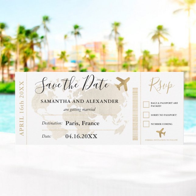 Enregistrer la date chic or carte d'embarquement m (Save the date chic gold world map boarding pass)