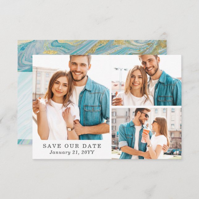 Enregistrer La Date Marbre Turquoise & Or 3 Cartes (Devant / Derrière)