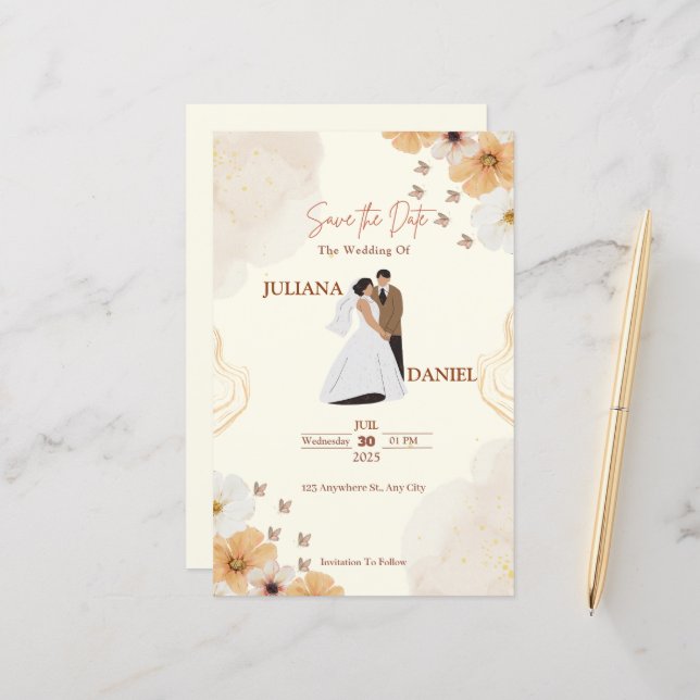 Enregistrer la date Mariage carte-Crème Floral Des (Devant/Arrière en situation)