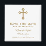Enregistrer La Date Mariage Magnet : Croix Religie<br><div class="desc">Christian Cross personnalisé Enregistrer le mariage de date aimant en blanc avec lettrage or. Le texte est entièrement personnalisable. La couleur Arrière - plan peut être modifiée. Conçu par Heard_.</div>