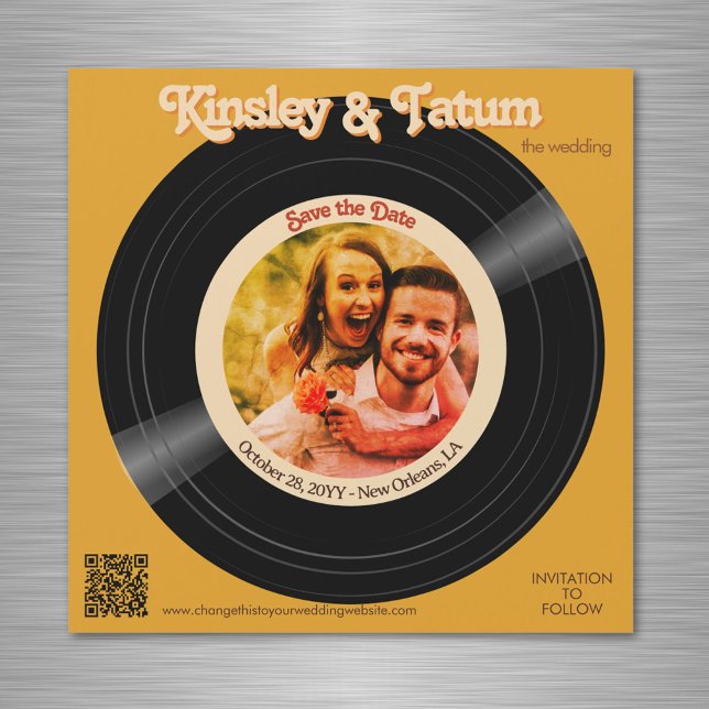 Enregistrer l'aimant photo Enregistrer la date QR  (Retro vinyl record photo magnet Save the Dates with groovy colors and fonts)