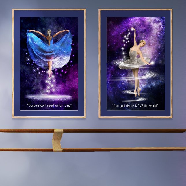 Ensemble d'affiches de danse céleste (Galaxy dance posters glow above a purple wall, perfectly complementing this cozy studio vibe.)