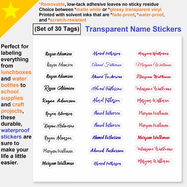 (Ensemble de 30 étiquettes) Stickers de nom simple (Name Stickers
Transparent Stickers
Simple Stickers
Waterproof Stickers)