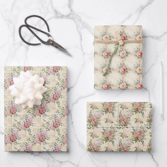 Ensemble de 3 feuilles de papier cadeau floral let (Recto)