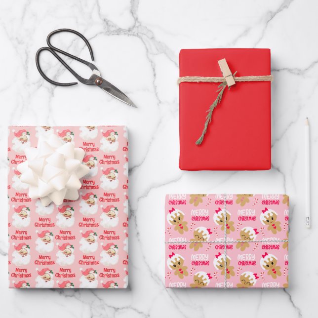 Ensemble de 3 feuilles de papier cadeau rose pour  (Recto)