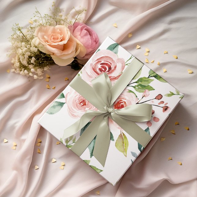 Ensemble de 3 feuilles d'emballage Rose en aquarel (Celebrate a special occasion with this beautiful watercolor blush rose wrapping paper set! )