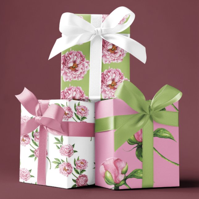 Ensemble de 3 feuilles plates de papier d'emballag (Celebrate someone special with these watercolor peony wrapping paper sheets! )