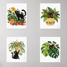 Ensemble de 4 impressions d'art botanique de chat