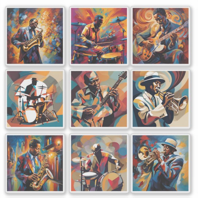 Ensemble de 9 autocollants de musiciens de jazz (Devant)