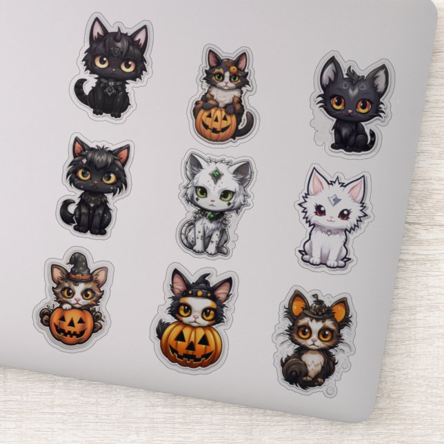 Ensemble de 9 chats Halloween Stickers Vinyl (Détail)