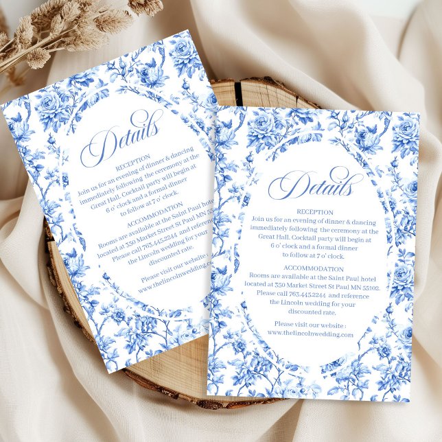Ensemble de Cartes de Détails de Mariage Toile de  (Navy Blue Roses Toile Wedding Details Card Set)